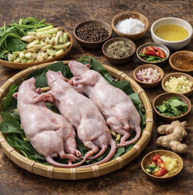 Nguyên liệu chuẩn bị cho món chuột rừng xào sả ớt